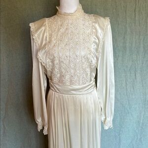 Vintage Cream Bishop Sleeve Mock Neck blouse and skirt set